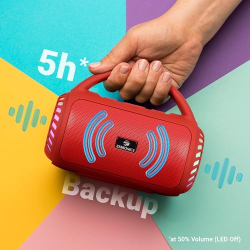 Image of Zebronics Portable Bluetooth Speaker, 8W, Upto 18 Hours Playback, BTv5.3, 32GB mSD, TWS, USB, 8 Multi-Color LED Modes, Call Function, Type-C Charge, Deep Bass, Carry Handle (County 5 Plus, Red)
