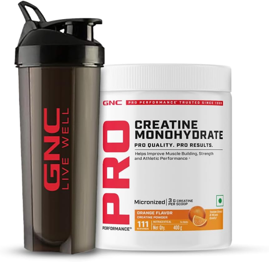 GNC Creatine Monohydrate Powder With Black Shaker (759G)| 400Gm|Orange|Boosts Athletic Performance|Fuels Skeletal Muscles|Supports Intense Workout|Promotes Cellular Hydration