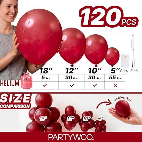 Image of PartyWoo Burgundy Balloons 120pcs Dark Red Maroon Ruby Red Different Sizes