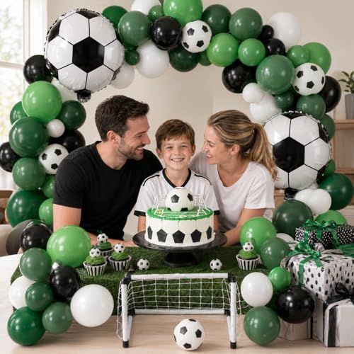 Image of Soccer Balloons, Green Black White Soccer Printed Latex Balloons with 18 Inch Soccer Ball Balloon for Boys Kids Men Football Sports Theme Birthday Baby Shower Party Decorations