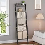 Hzuaneri Blanket Ladder Shelf for Living Room, Decorative Quilt Rack with Storage Shelf, 7-Tier Farmhouse Towel Rack, Ladder Holder Organizer with 4 Removable Hooks for Bedroom, Black BR36804B