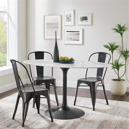 Image of Modway Lippa 54 inch Oval-Shaped Mid-Century Modern Dining Table with Artificial Marble Top and Black Base