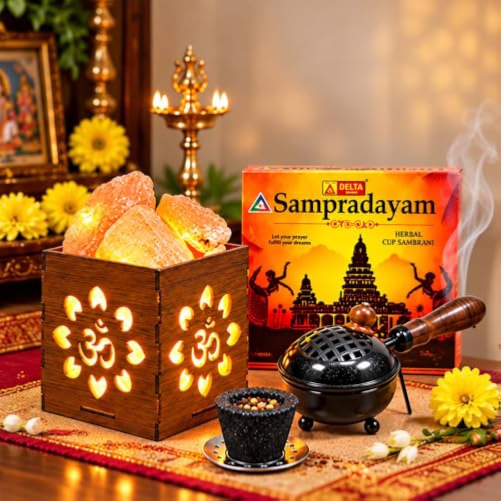 Traditional Metal Dhoop Dani & Om Heart Design Himalayan Lamp Combo