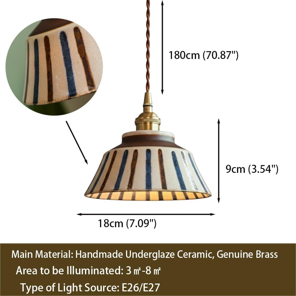 Lampada a sospensione in ceramica retrò in ottone, luce a strisce