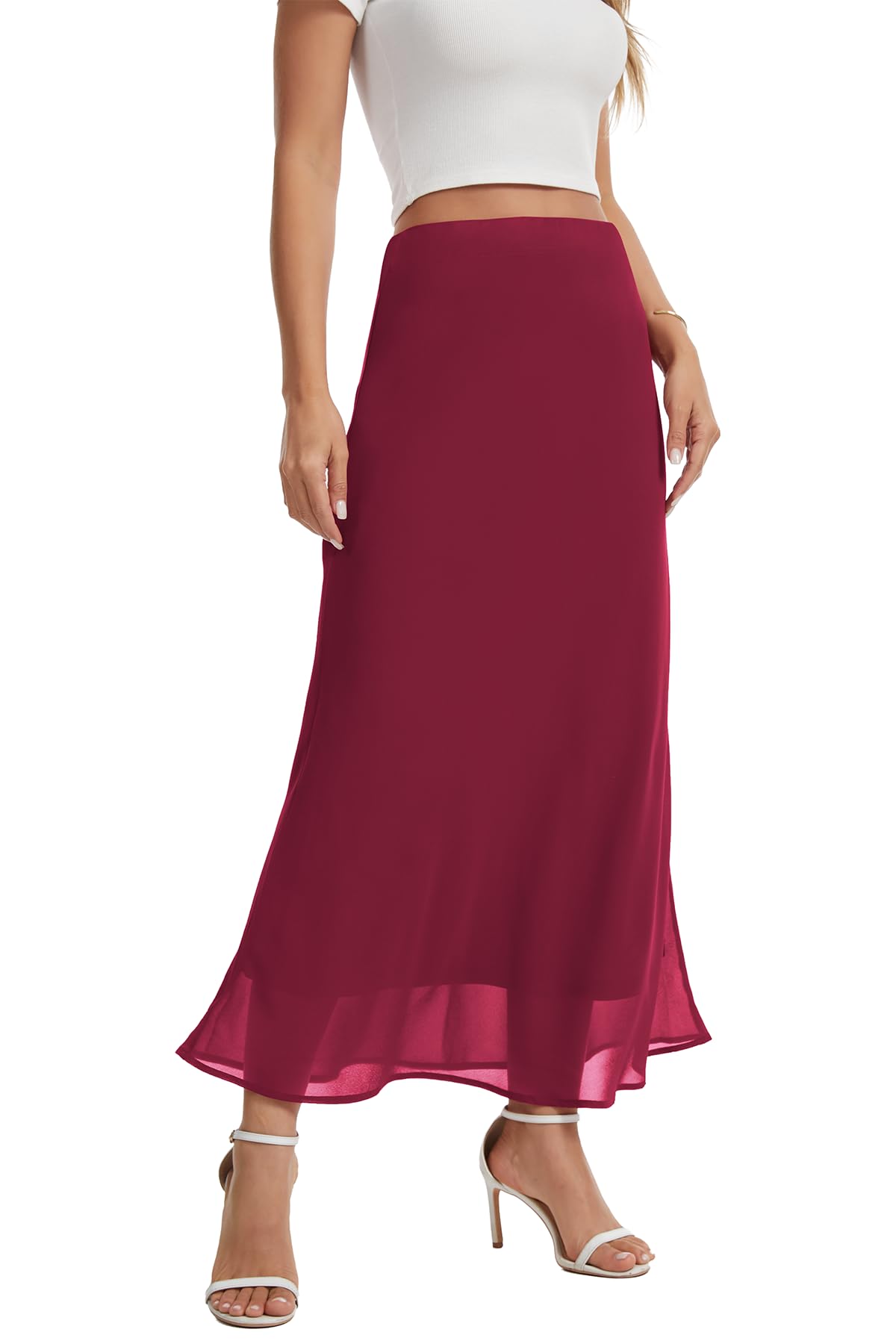 BEIGAI Falda larga y elegante para mujer, cintura elástica, falda maxi de gasa fluida, ligera, acampanada, informal, para verano, fiesta, moda