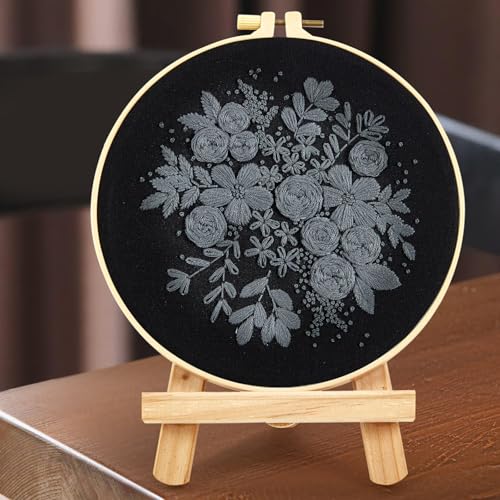 Image of Crafmanoe Embroidery Kits for Beginners Adults, Black Flowers Embroidery Starter Kits, Counted Cross Stitch Kits for Beginners Adults Hobbies Set for Women, Embroidery Hoops, Thread and Video Tutorial