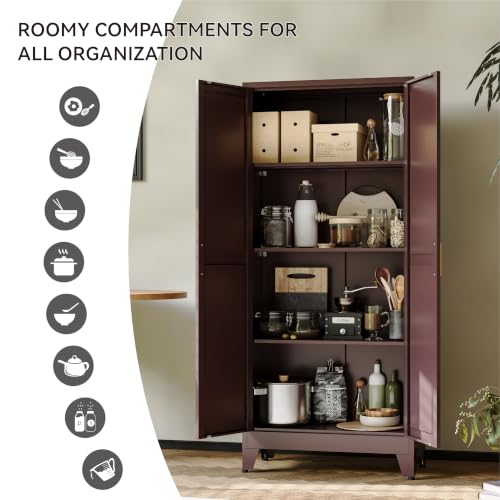 Image of COFaR 61 inch Metal Storage Cabinet with Doors and Adjustable Shelves, Tall Pantry Cabinet Freestanding Kitchen Pantry Storage Cabinet, Steel Cupboard for Bathroom, Living Room & Office, Reddish Brown