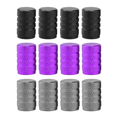 Lot de 12 bouchons de valve de pneu de voiture - Capuchons de valve de pneu de voiture durables - En aluminium - Noir, violet, gris