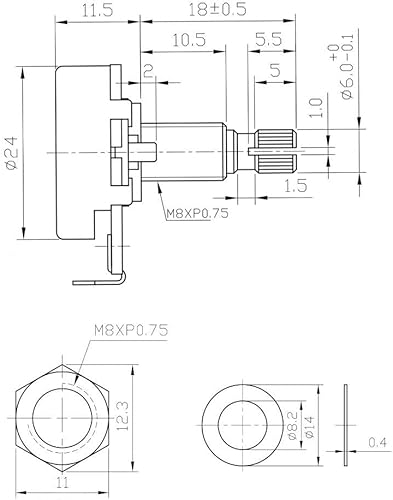 Miniatura 5 de KAISH Paquete de 2 macetas métricas de tamaño completo para bajo de guitarra con eje de latón de 0.709 in potenciómetros cónicos de audio A500K