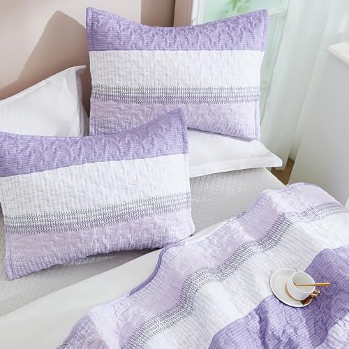 Image of Andency Queen Quilt Bedding Set Lavender, 3 Pieces Patchwork Purple Striped Ultra Soft Lightweight Bedspreads, Coverlets Set with 2 Pillow Shams for All Seasons (90 inchx96 inch)