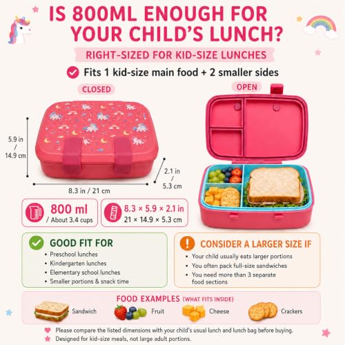 MISS BIG Bento Lunch Box for Kids, Pink Unicorn, 3 Compartments, 800ml — view 5