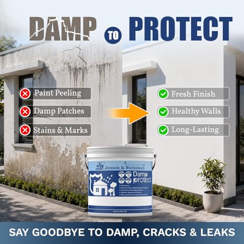 Image of Jenson & Nicholson Damp Proof Paint 10 Ltr - 10 Year Warranty - Low VOC Elastomeric Waterproof for Roof & Floor - Heat Reflecting /Reducing - Strong Adhesion to Masonry - Quick Dry