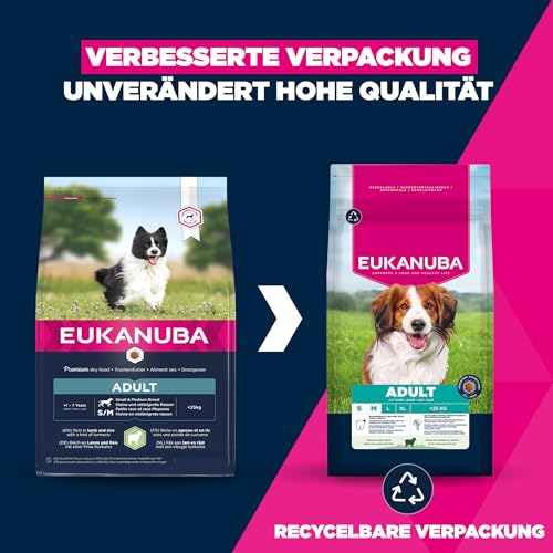 Eukanuba Hundefutter mit Lamm & Reis für kleine und mittelgroße Rassen - Trockenfutter für ausgewachsene Hunde, 12 kg