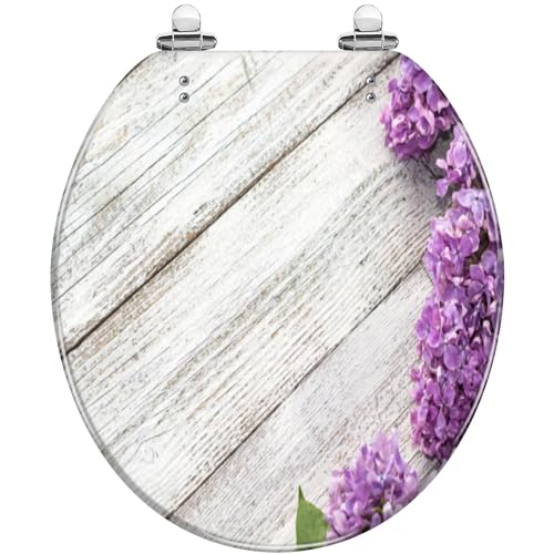 Round Toilet Seat blooming spring lilac flowers a white wooden Resin Toilet Seat Quietly Slow Close with Quick-Release Hinges Toilet Seat with Cover Easy to Clean Install