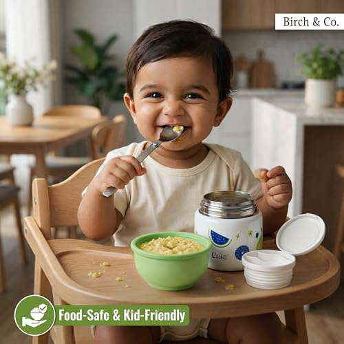 Image of Birch & Co. Baby Feeding Bowl and Spoon Set, Stainless Steel Food Bowls - 320ml, 304 Stainless Steel Baby Food Container with Double Wall Vacuum Insulation, BPA-Free Leak-Proof for School & Travel,Green