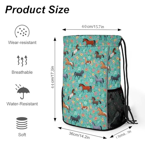 Horse Flower Drawstring Backpack Gym Bag With Shoe Compartment String Bag Sport Beach Swimming Sackpack For Women Men2