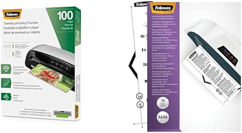 Fellowes Bolsas de laminación térmica, hojas de tamaño carta de 5 mil, 9 x 11.5, paquete de 100, transparentes (5743501) y hojas de limpieza de