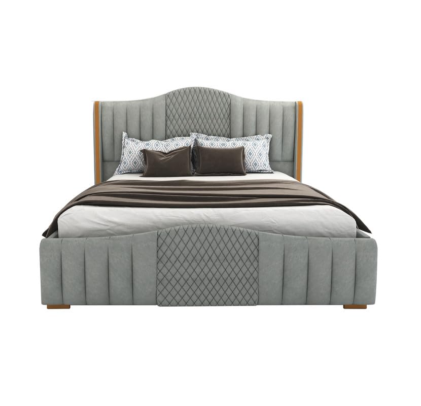 Image of MAMTA DECORATION Solid Wood Queen Size Bed for Bedroom with Box Storage | Premium Velvet Upholstery Double Bed with Tufted Headboard | Modern Palang Cot Bed for Home, Hotels & Guest Room | Grey Finish