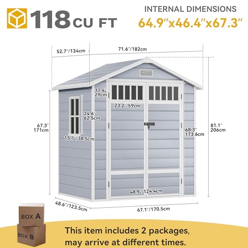 Image of DWVO 6x4.4 FT Resin Storage Shed with Fence-Style and Side Windows, Lockable Door, and Vents for Garden, Backyard, Patio, Lawn, Gray
