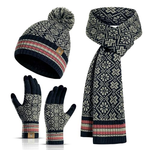 INSISMY Mütze Schal Handschuh Set Winter Weich Warm Pelzgefütterte Bommelmütze Langer Schal und Touchscreen Handschuhe Set 3-teiliges Retro Schneeflockenmuster Gestrickte...