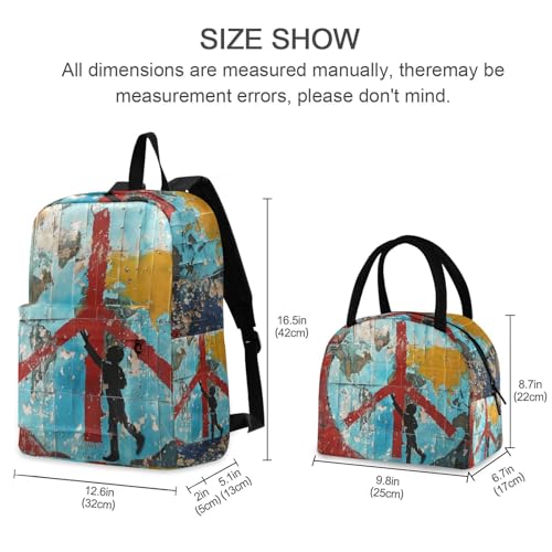 Backpack Lunch Bag Set Peace Sign Painting Print, Big Storage Travel Backpacks with Insulated Lunch Box for Office Hiking Picnic2