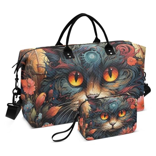 Large Travel Duffel Bag, Fantasy Flower Cat Sports Tote Gym Bag, Shoulder Weekender Overnight Bag for Women Men, Carry On Luggage with Toiletry Bags