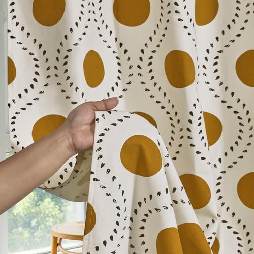 Image of HUESLAND Cotton Curtains for Windows, 6 feet Long 1 Bohemian Eyelet Curtain (Window 6 x 4 ft, Natural, Golden Ochre & Bistre)