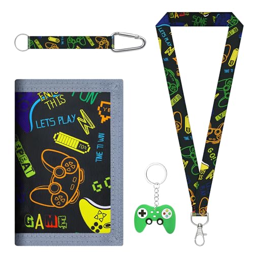 Riceel Brustbeutel Kinder, Portemonnaie Jungen Geldbörse mit Umhängeband und Schlüsselanhänger Schlank Kinder Portemonnaie mit Reißverschlusstasche für Jungen von 4-12 Spielkonsolen