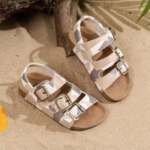 Kids Cork Footbed Sandals, Camo Print Design, Adjustable Buckle Straps, Beige and Gray2