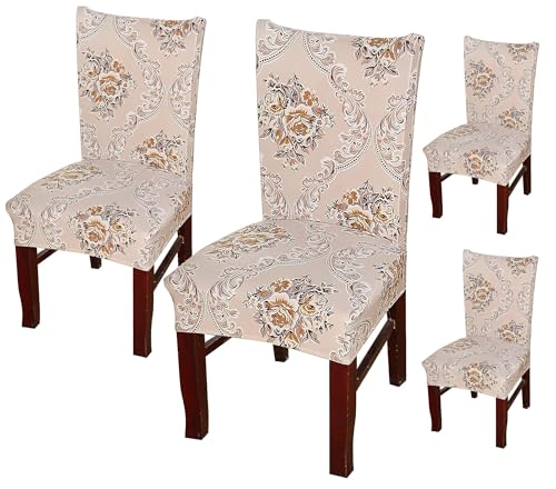 Image of House of Quirk Elastic Chair Cover Stretch Removable Washable Short Dining Chair Cover Protector Seat Slipcover (Pack of 4, Beige Iris)