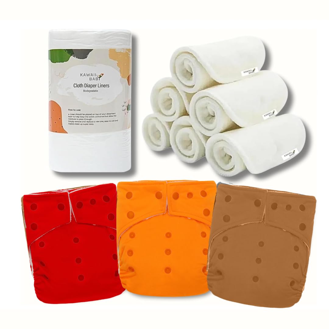 KaWaii Baby Essential Start-Up Pack - 3 One Size Cloth Diapers, 6 Premium Inserts, 100-Count Diaper Liner, Waterproof Reusable Diaper Newborn Thru Potty Trained