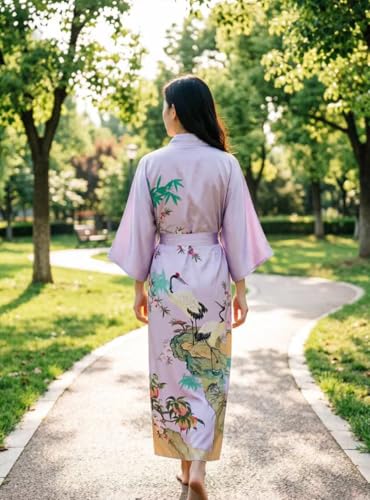 Image of Women's Classic 100% Silk Kimono Robe, Bathrobe-Printed Pattern
