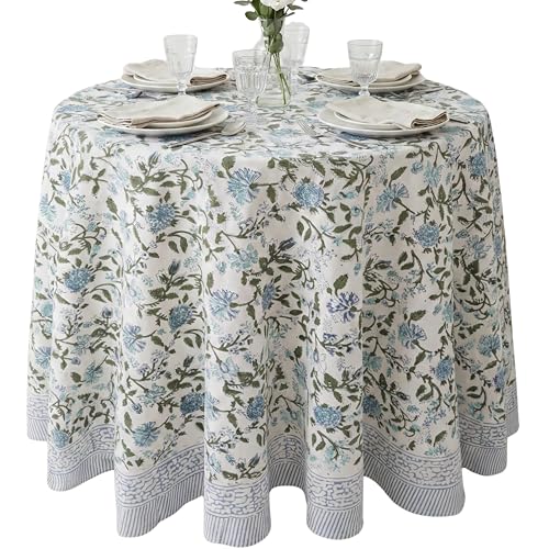 ATOSII Cotton Blockprint Round Tablecloth, Mahoka Blue, 60 Inches
