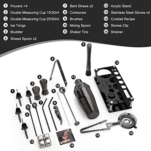 KinGrow 23 Piece Cocktail Shaker Set Bartender Kit with Acrylic Stand & Cocktail Recipes Booklet, Professional Bar Tools for Drink Mixing, Home, Bar, Party (Include 4 Whiskey Stones) - Black