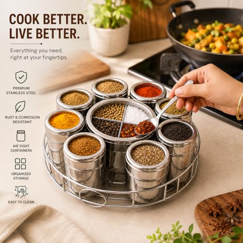 Image of STEEPLE 12 in 1 Stainless Steel Masala Box with Stand | Masala Dabba for Kitchen Storage | Spice Container with 8 Containers + 4 Section Middle Container | Steel Spice Box (22cm Diameter)