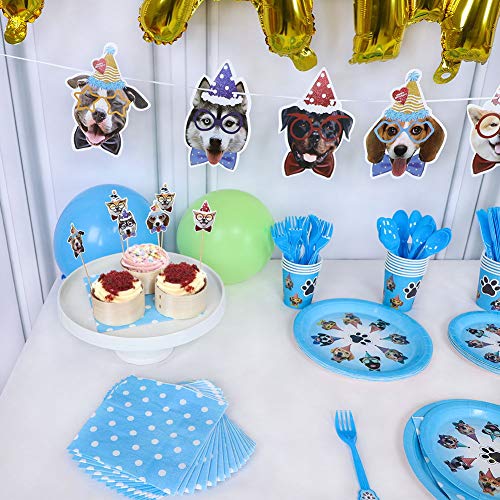168 Pcs Dog Party Supplies Set Tableware Kit, Dog Birthday Banner Cupcake Toppers, Disposable Plates Cups Cutlery Napkins Balloons For Paw Puppy Kids Birthday Baby Shower Decor- Serves 16 #TOP6