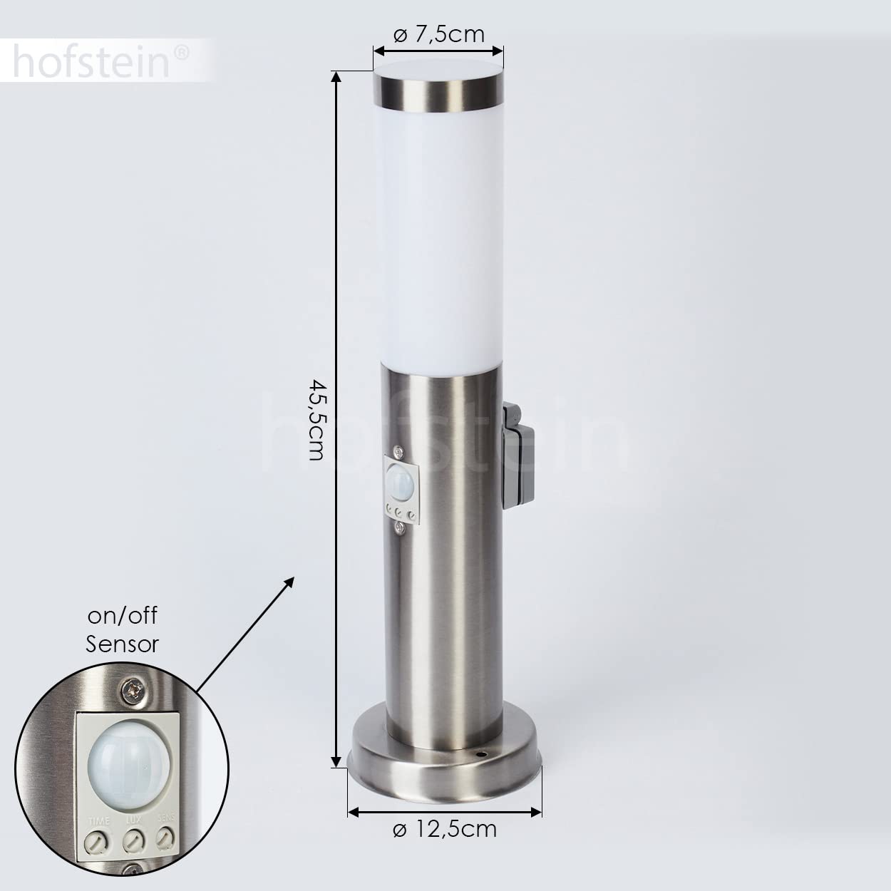 Lampada da esterno Sessa con rilevatore di movimento e presa di corrente, base in metallo/plastica in nichel opaco/bianco, luce di percorso 45,5 cm, lampada da giardino, E27, IP44,senza lampadina/e
