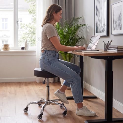 Image of VEVOR Rolling Stool with Wheels, 500 lbs Weight Capacity, Height Adjustable, Quiet Casters, Thick Cushion Ergonomic PU Leather Seat, 360 Swivel Round Rolling Stool Chair for Salon, Clinic, Black