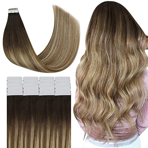 YoungSee Seamless Tape in Hair Extensions Human Hair Dark Brown Fading to Medium Brown with Blonde Balayage Tape Hair Extensions Real Human Hair 20pcs 50gram 18inch