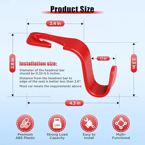 Image of Car Seat Headrest Hook 4 Pack Hanger Storage Organizer Universal for Handbag Purse Coat Universal fit Vehicle Car Red with Clip