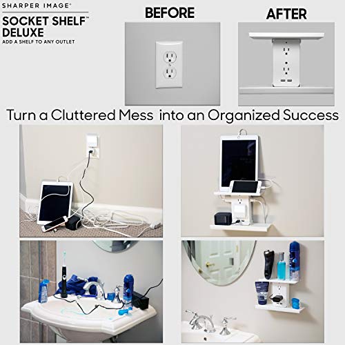 Sharper Image Socket Shelf Deluxe 8 Port Surge Protector Wall Outlet, 6 Electrical Outlet Extenders, 2 USB Charging Ports, 2 Removable & Interchangeable Shelves ETL Listed