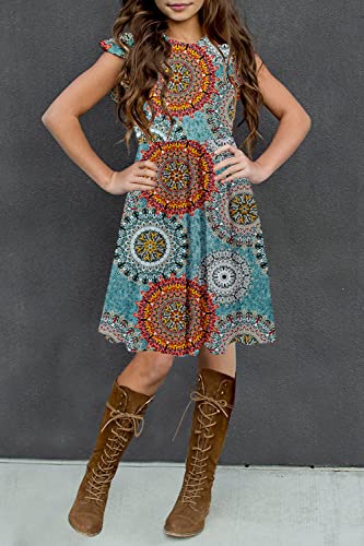 Hosika Girls Floral Dress Boho Ruffle Sleeve Pleated Casual Swing Dresses With Pockets For Kids 10 Years Blue Large #TOP1