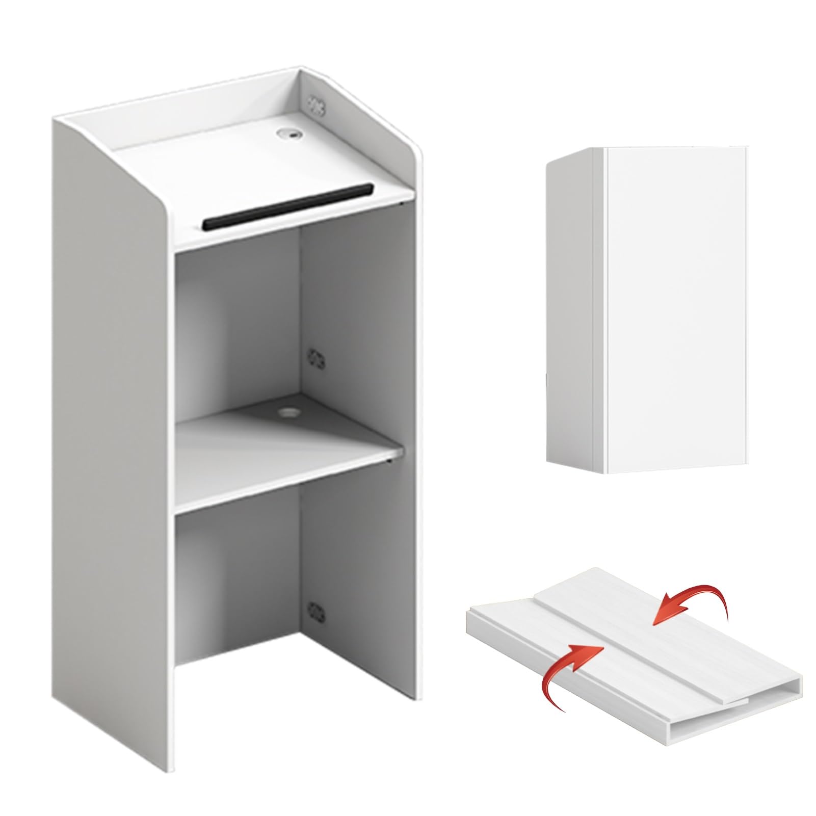 Mesa de podio ligera y plegable con superficie inclinada blanca para ponentes y eventos