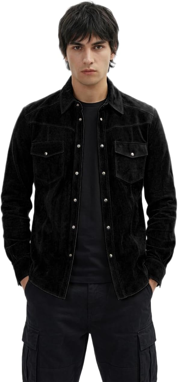 Men's All-Season Leather Shackets - Western Shirt Jacket with Snap Buttons, Trucker Style Suede Overshirt