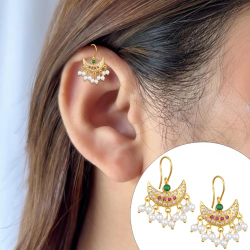 Image of VAMA FASHIONS 18K Gold Plated Anti Tarnish Half Moon Peacock Shape Traditional Maharashtrian Press on Bugadi Upper Ear Clip on Earrings For Women & Girls