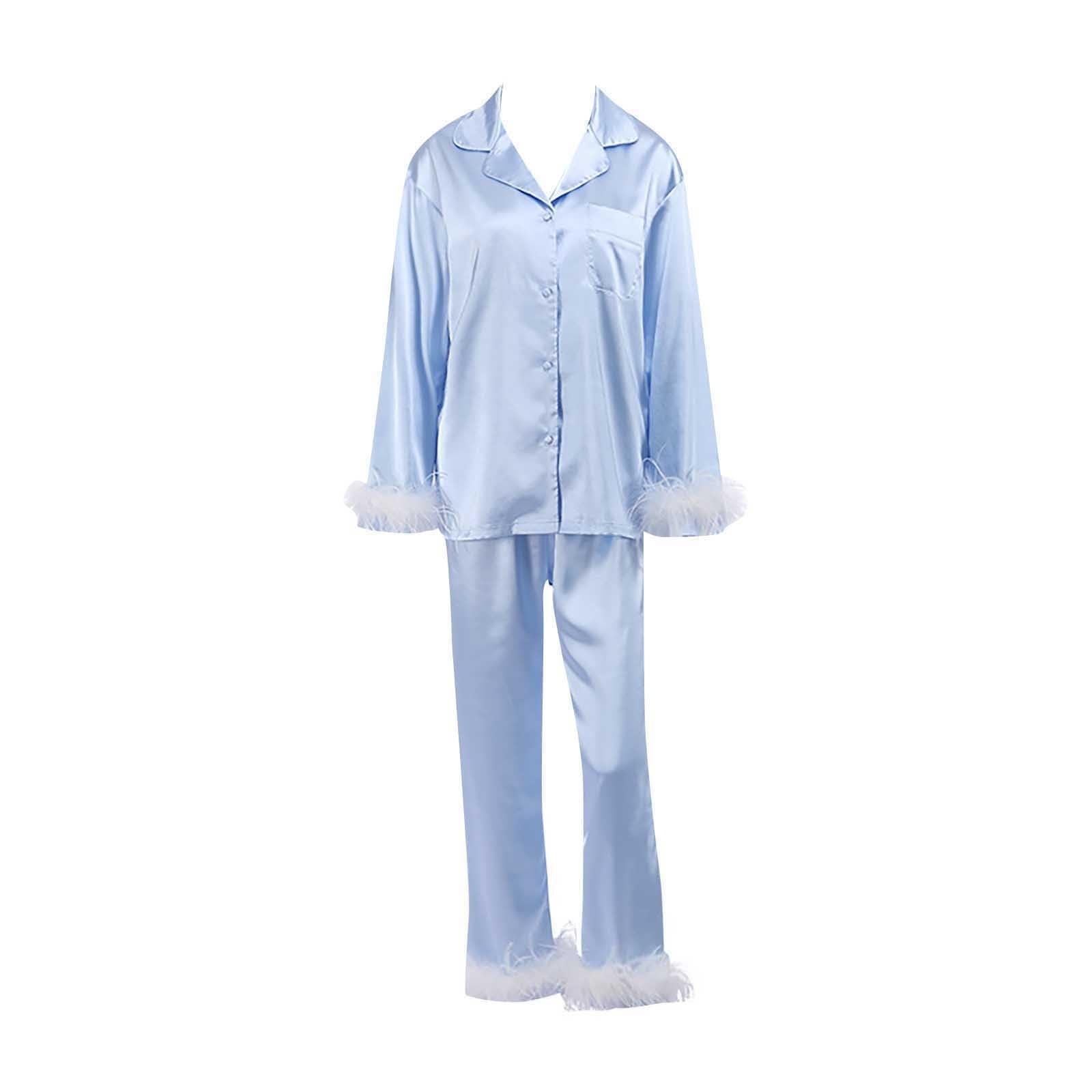 Conjunto de pijama de satén para mujer, parte superior con botones frontales, mangas largas, pantalones a juego, ribete de plumas, suave, ligero, comodidad nocturna para dormir, descansar en casa