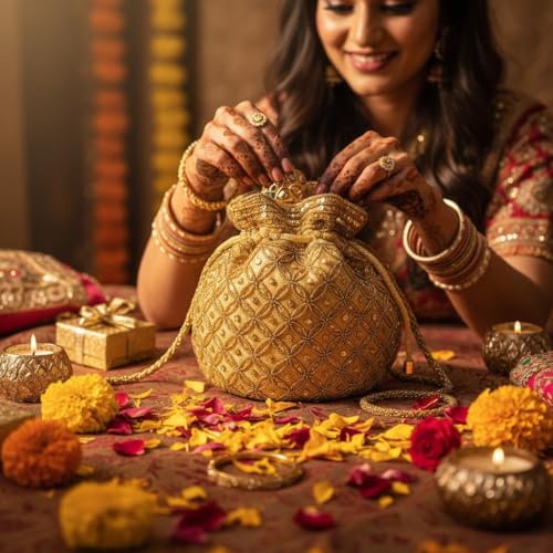 Image of Srajanna Women's Embellished Ethnic Pearl Potli Bag Traditional Handcrafted Evening Clutch for Weddings & Festive Occasions