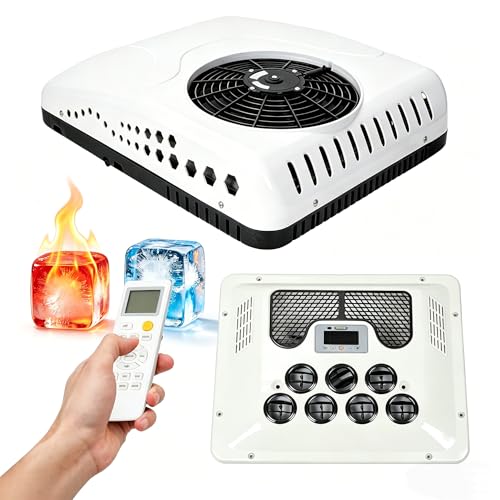 DC 12V RV Air Conditioner, 15000 BTU Rooftop A/C Unit with Cooling & Heating, 3-Speed Fan, Digital Control Panel, Quiet & Energy-Saving Air Conditioner for Camper Van, Trailer, Motorhome, Bus, Truck