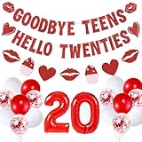 Kissing My Teens Goodbye Decorations - Goodbye Teens Hello Twenties Banner Garland Number 20 Balloons, 20th Birthday Decorations, Kissing My 20s Goodbye Decor for Her Happy 20th Birthday, Red Glitter