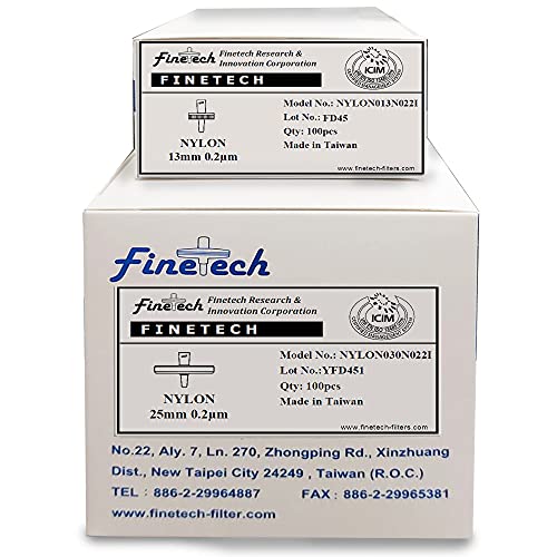 Image of Nylon Syringe Filters 25mm Diameter 0.22μm Pore Size for Laboratory Filtration by Finetech (Pack of 100) Made in Taiwan (100, Nylon 25mm 0.22um)